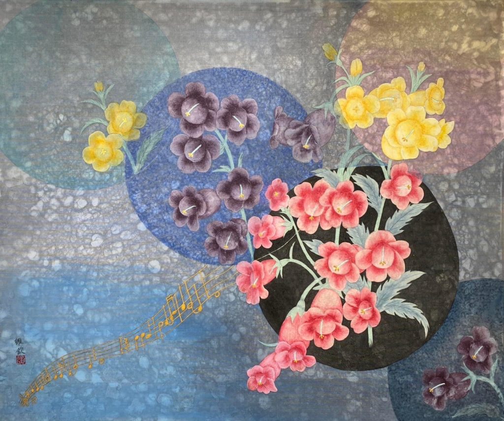 ▲膠彩畫家羅維欽展出的作品「春風」，極具視覺上的質感。（記者 辛澎祥/攝）
