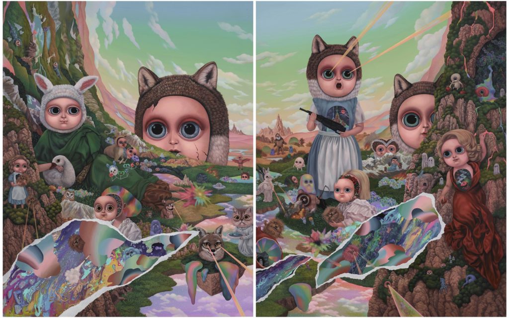 張嘉穎《貓貓谷的躲藏》，2017，壓克力、畫布，227 × 364公分。臺北市立美術館典藏。
