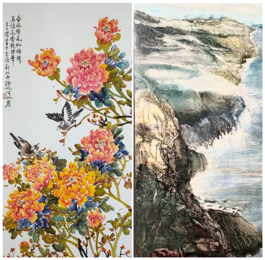 ▲水墨畫家呂玉環（左）的花鳥與林士森的海邊景物，令人看了為之驚艷無比。（圖/詹佳綺 攝）