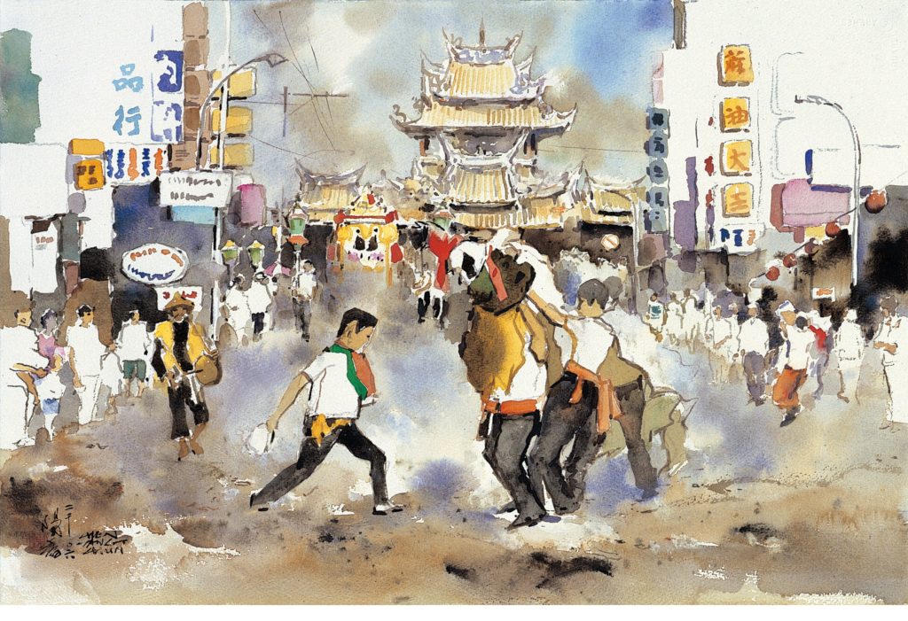 陳陽春畢身奔走各地，積極以水彩畫創造，宣揚台灣之美，此為2006年作品《北港媽祖出巡》。(圖/雪莉攝)