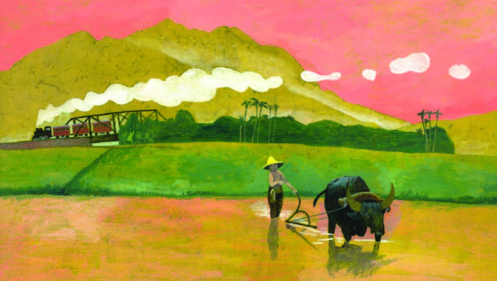 火車駛至臺南，搭配的插畫是嘉南平原上農民與牛隻辛勤耕作