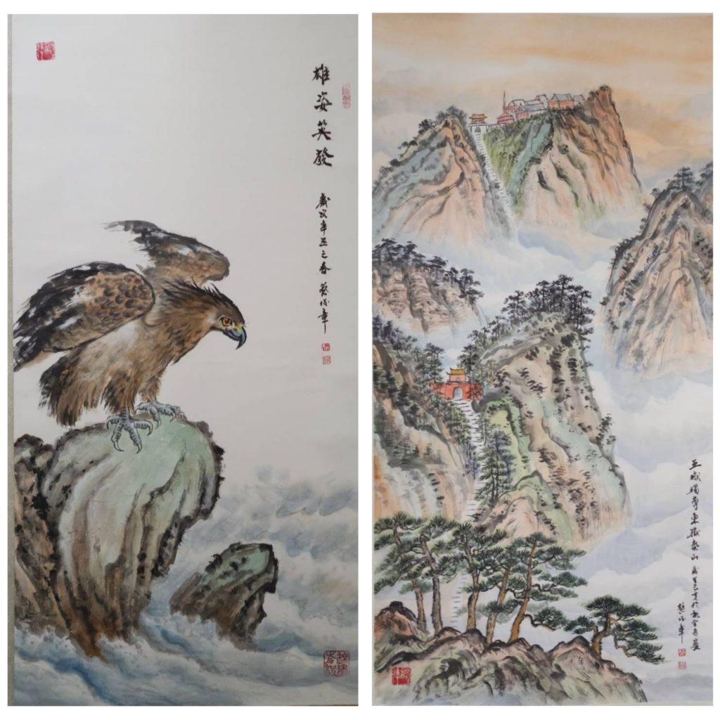 ▲山水與鳥獸之作呈現出蔡俊章老師細膩舖陳中的畫境提昇。（記者 詹佳綺/攝）