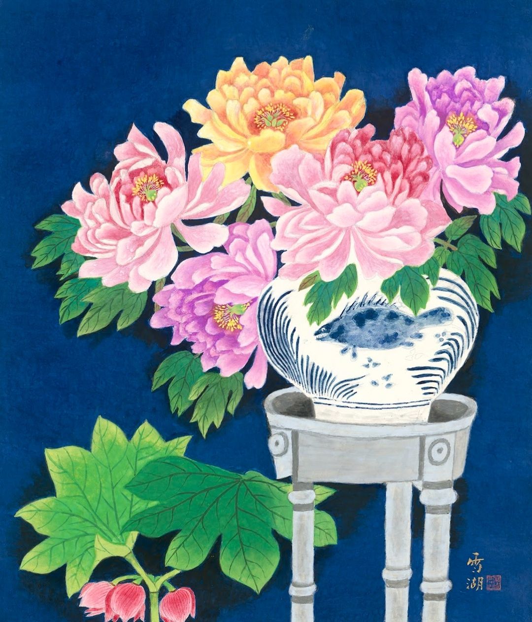 ▲郭雪湖的膠彩畫作，呈現炫麗斑斕的畫風。（圖/尊彩藝術中心 提供）