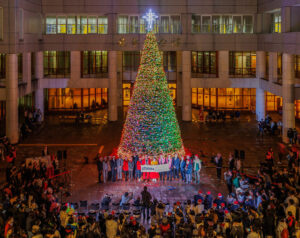▲億光電子捐贈巨大耶誕樹及耶誕燈，照亮文大校園。