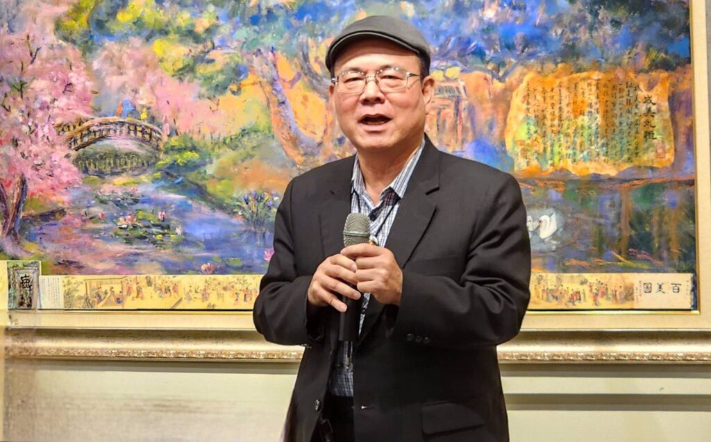 ▲前文化部次長林金田致詞時表達對趙宗冠醫師及其家族六人展的藝術成就推崇備至。(記者 辛澎祥/攝)