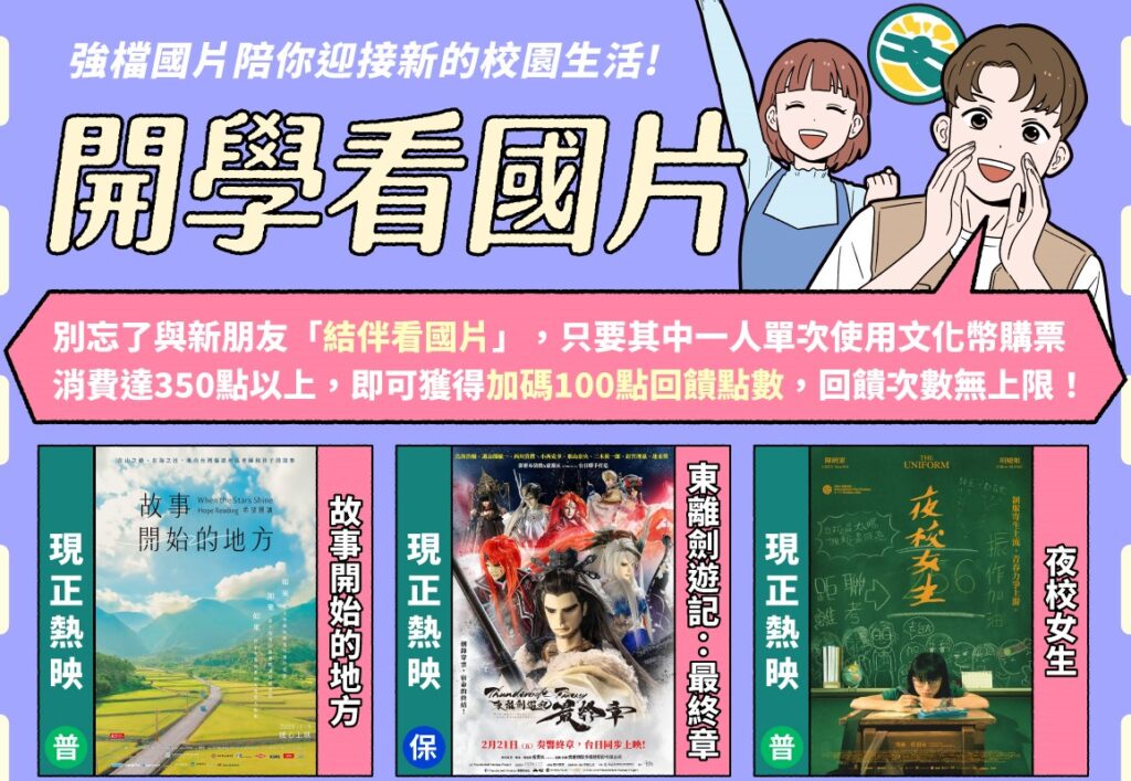 揪團進戲院看國片！從「結伴看國片」開始，青年朋友只要單次使用文化幣購票達350點以上，即可獲得加碼100點回饋，回饋次數無上限。 (1)