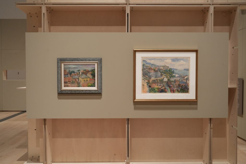 新北市美術館開館展之一的「往來／照見」典藏研究展，透過不同媒材與創作手法，描繪城市景象與在地生活。圖(左)為洪瑞麟《淡水風光》。（圖/新北市美術館提供）