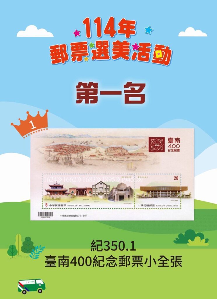 ▲獲得第一名的最美郵票是「臺南400紀念郵票小全張」。(圖/中華郵政 提供)
