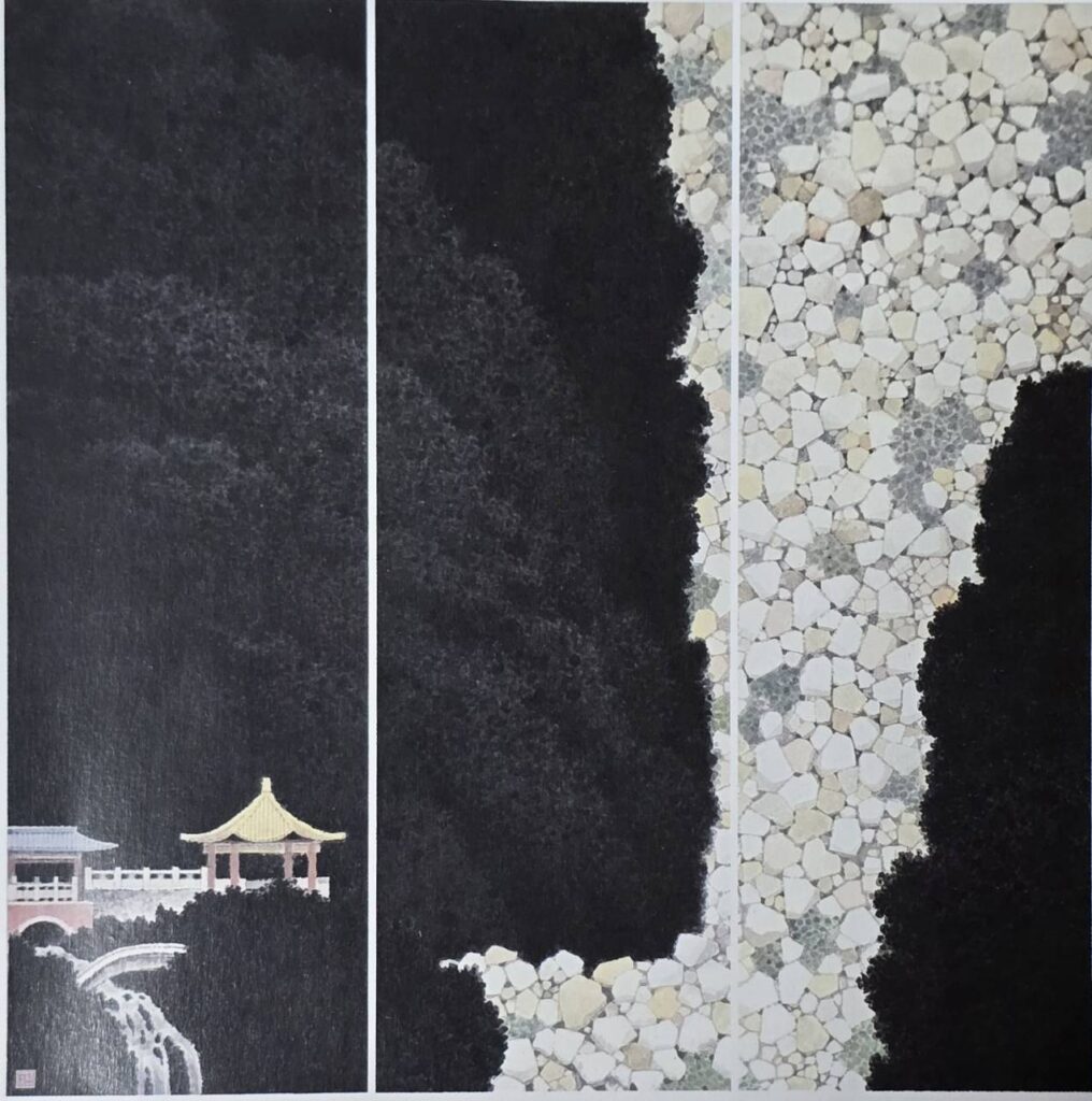 ▲黃孝逵作品「太魯閣」,這是他幾年前到了花蓮太魯閣,見到幾處有類似石流的景象,或許是地震遺跡,此作品特寫了石流景象,將它作為太魯閣的地理特徵。(圖/黃孝逵 提供)