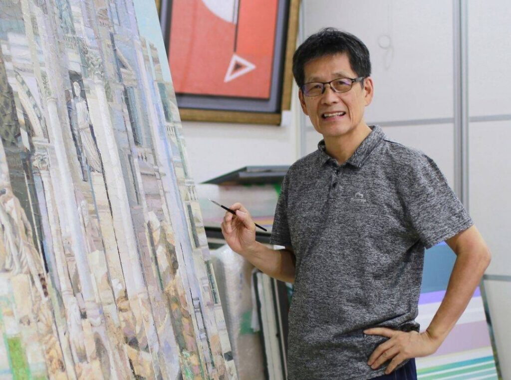 ▲蔡永明的抽象畫創作,在線條、色調與肌理的處理中呈現令人開闊的視覺感。(記者 辛澎祥/攝)