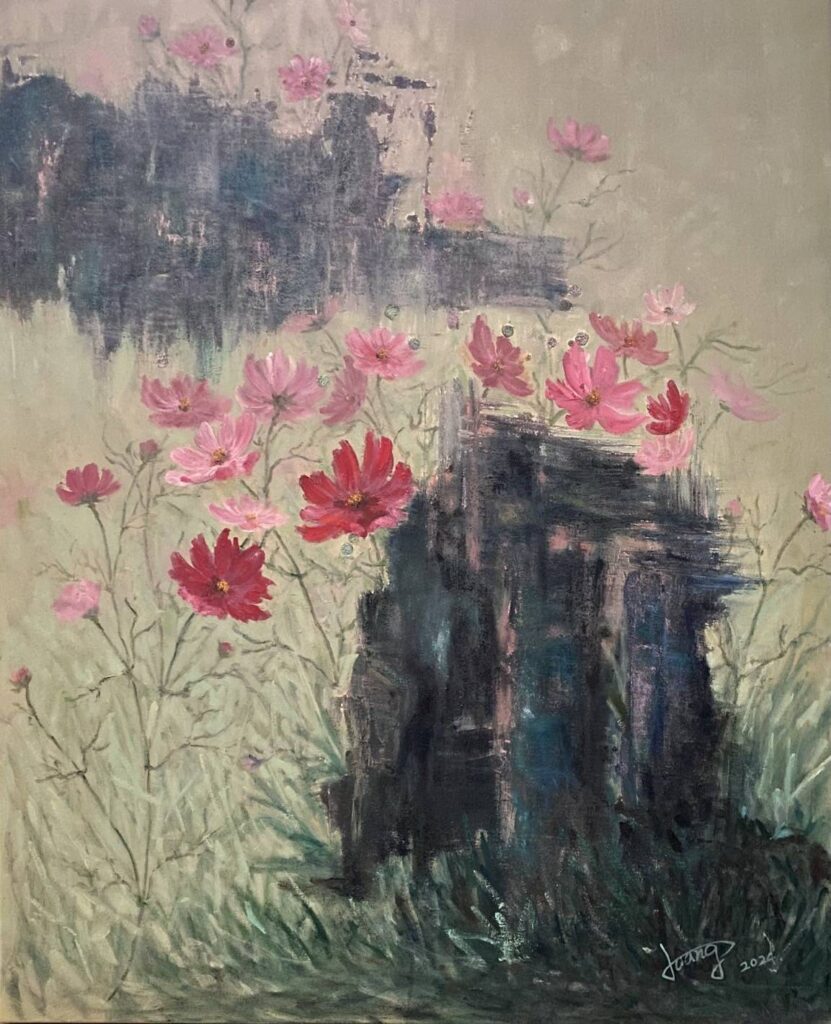 ▲黃碧朱的油畫作品「秋櫻 」,散落的花卉在油彩飄逸中凝聚具象的美感。(圖/黃碧朱 提供)