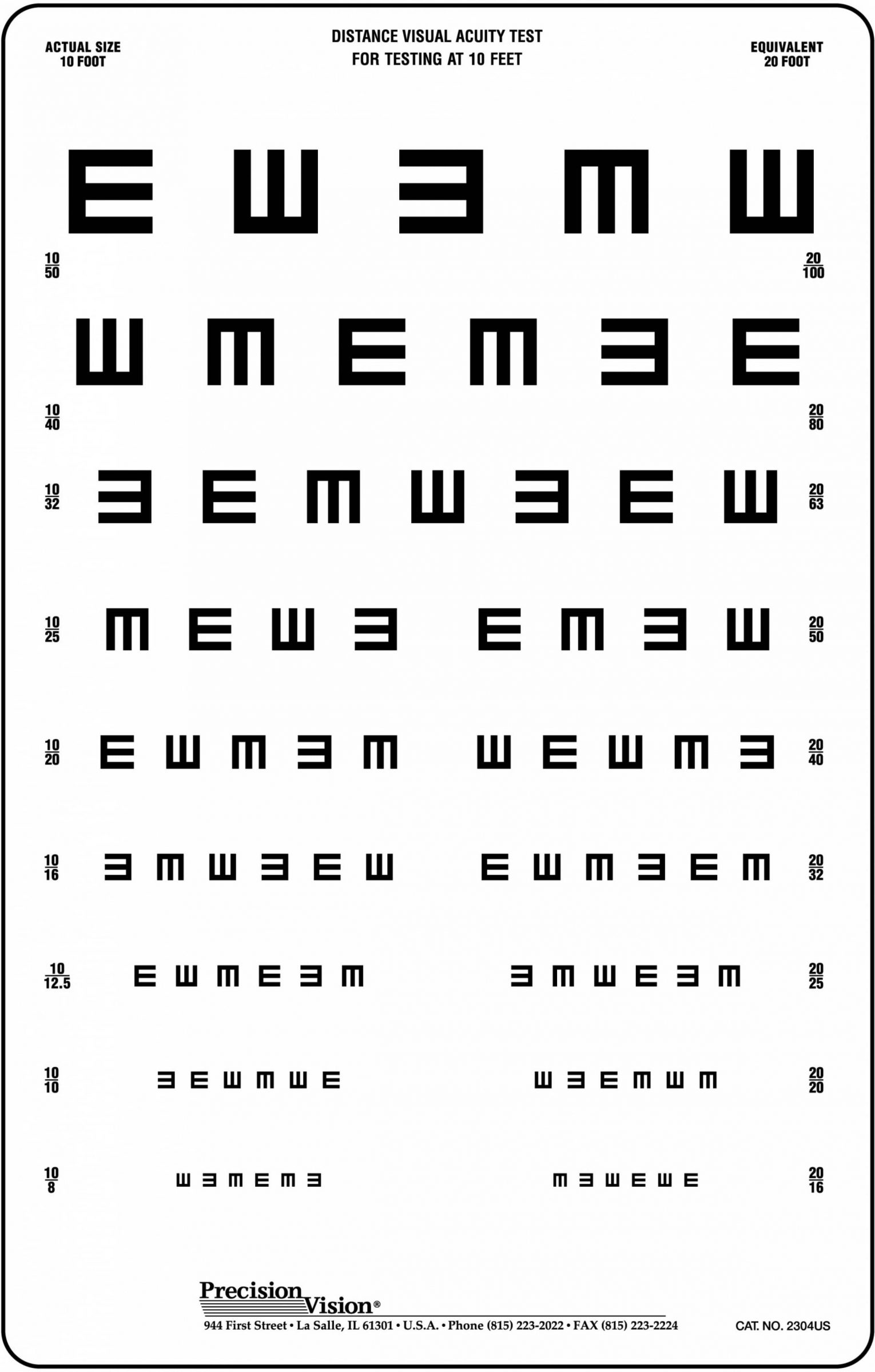 Tumbling "E" Visual acuity Chart 3 meters Precision Vision