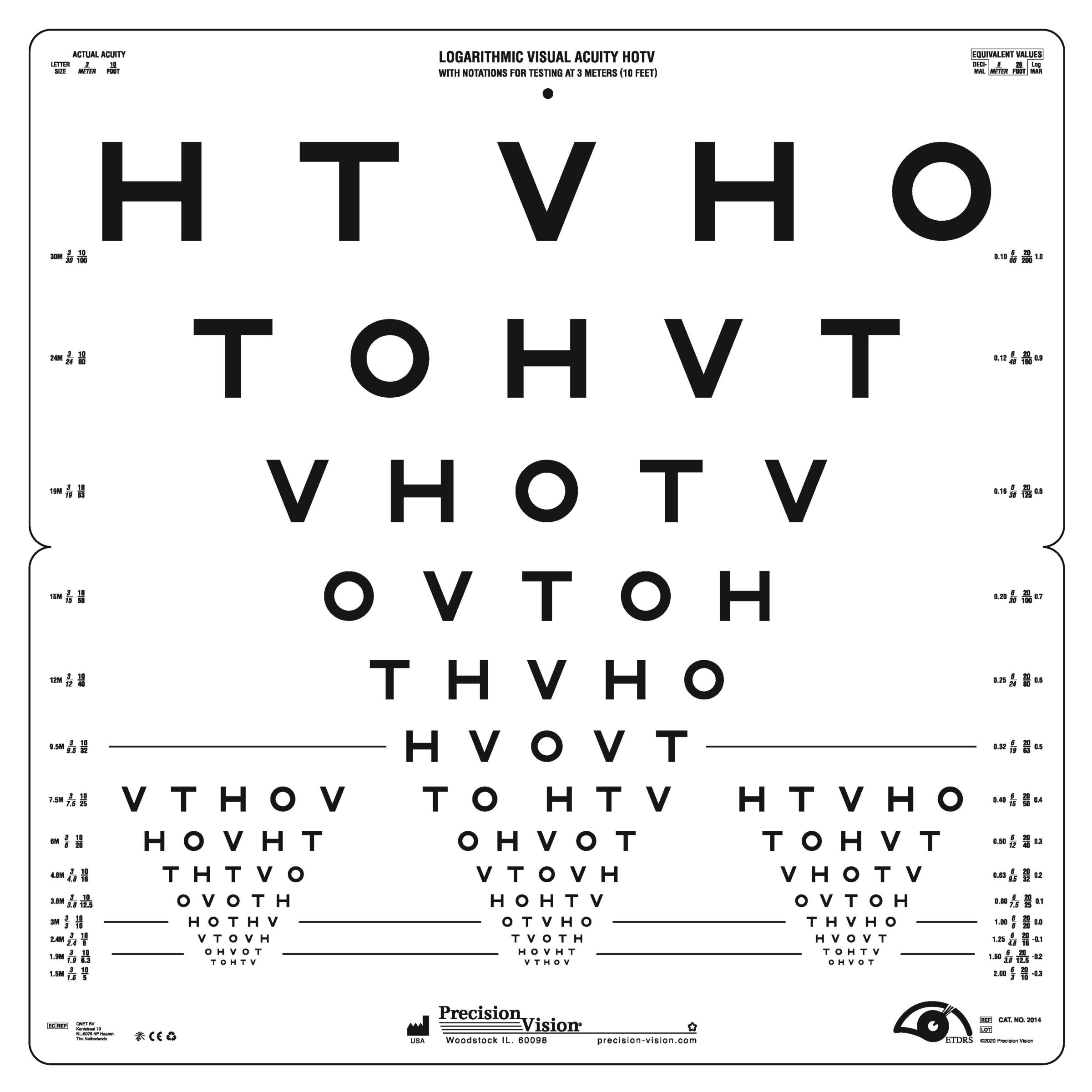 3 Meter ETDRS Folding Chart with Islands with Sloan, HOTV or PV Numbers