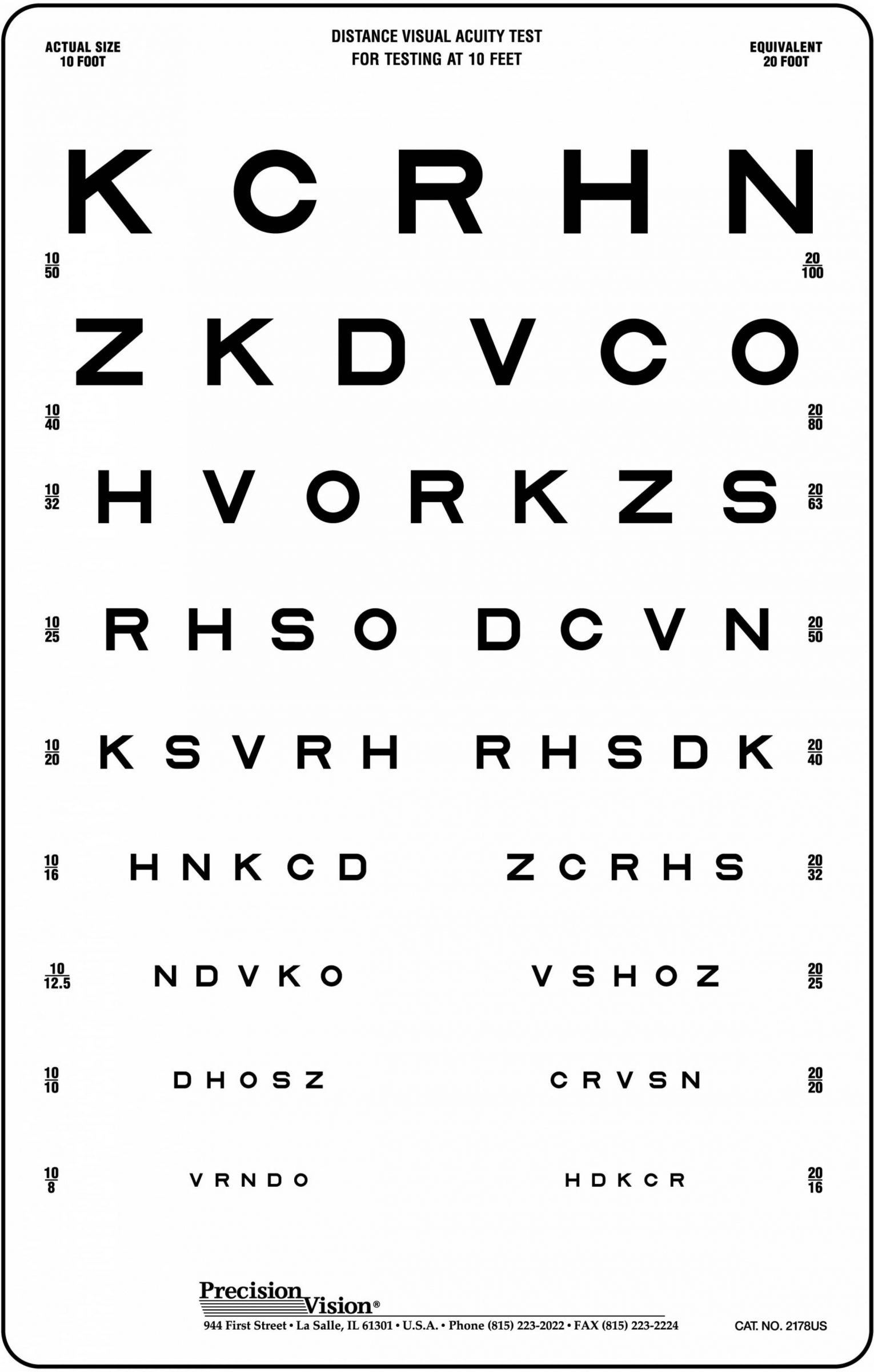 Snellen Visual Acuity Eye Chart for 10 Feet Distance