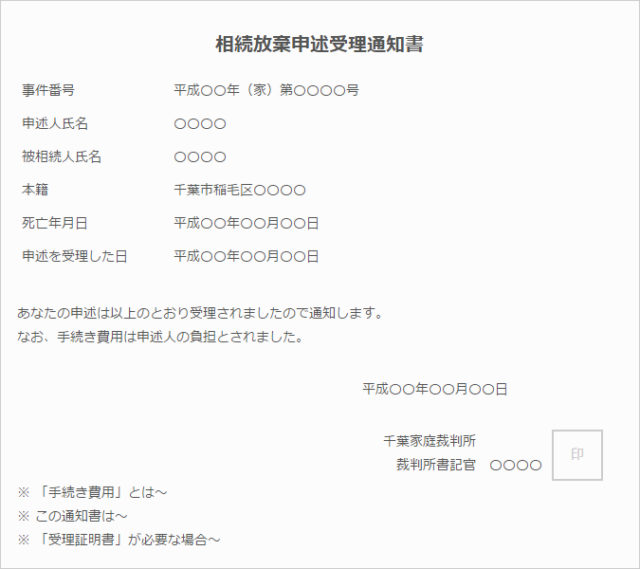 相続放棄申述受理通知書