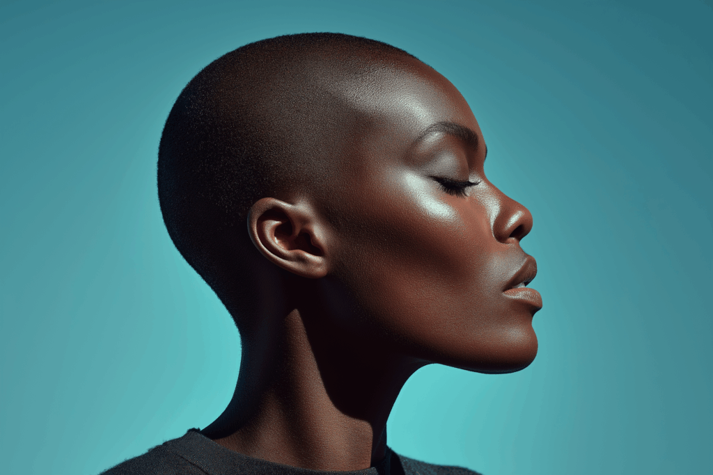women with short haircut almost bald, starring into space, high fashion portait