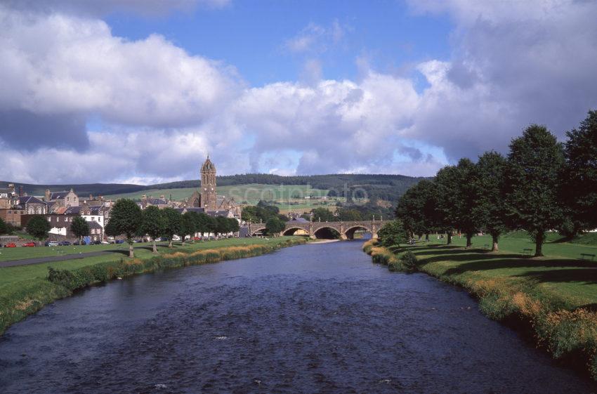 Peaceful Late Summer View Across The River Tweed Towards Peebles Scottish Borders