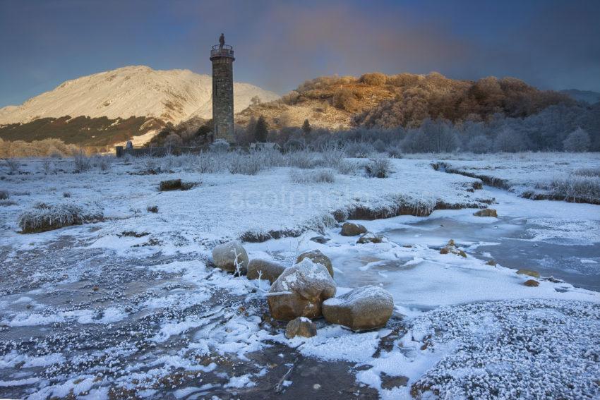 I5D7265 Frozen Scene At Glenfinnan Monument From Shore Of Loch Shiel Lochaber