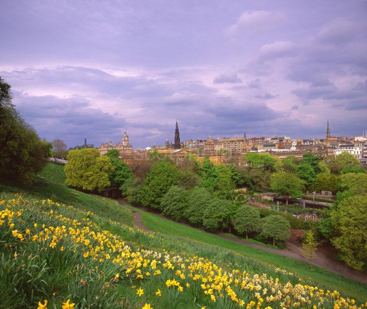 Springtime View Towards The Edinburgh City Skyline As Seen From The Slopes Of Edinburgh Castle