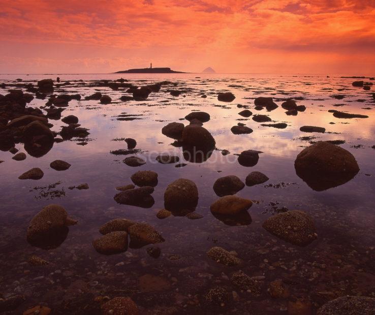 An Unusual View From The South Shore Of Arran Towards Pladda Lighthouse And Ailsa Craig Island Of Arran Firth Of Clyde