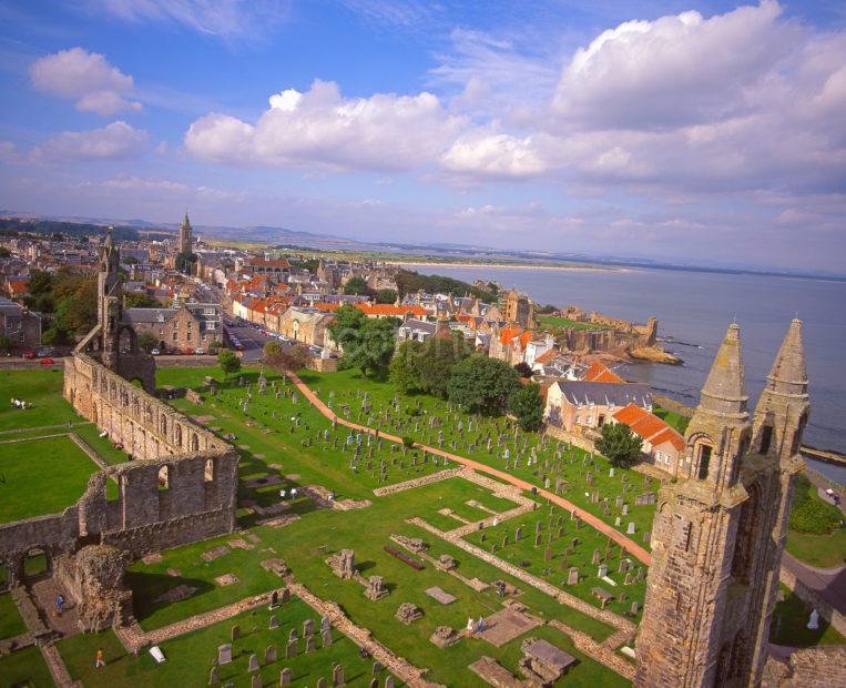 A Dramatic Summer View Overlooking St Andrews Cathedral And Town As Seen From St Rules Tower Fife