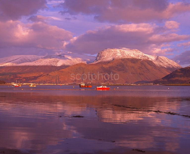 Peaceful Reflections Of Snow Covered Ben Nevis On Loch Eil Corpach Lochaber