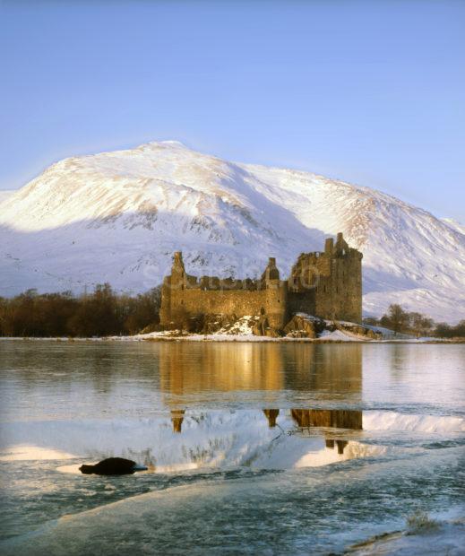 WINTER ON FROZEN LOCH AWE KILCHURN CASTLE