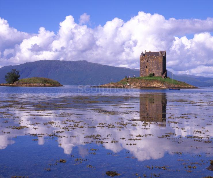 Castle Stalker From Appin Shore With People And Yacht Argyll