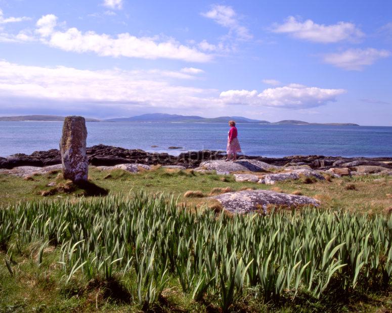 Pollachar Stan Ding Stone And Distant Island Of Barra From Tip Of South Uist