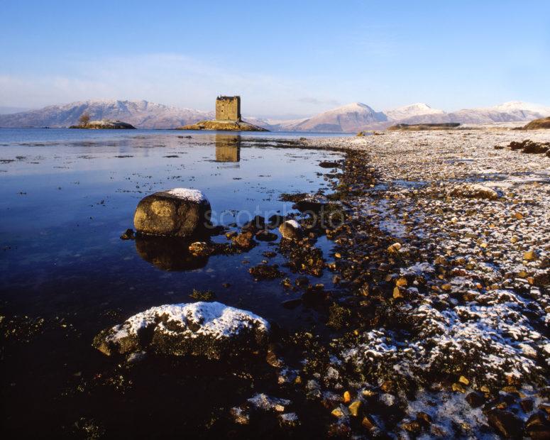 Winter Scene On The Shore At Appin Towards Castle Stalker