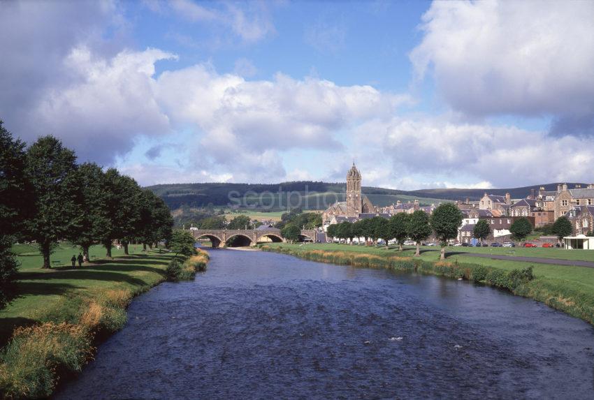 Summer View Across The River Tweed Towards Peebles Scottish Borders