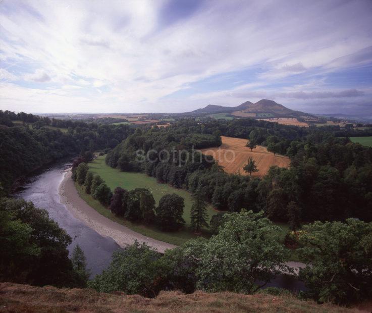 Wide Angle View Of The Eildon Hills And The River Tweed Seen From Scotts View Near Melrose Scottish Borders