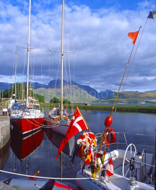 Colourful Yachts On The Caledonian Canal At Corpach With Ben Nevis In Distance Inverness Shire