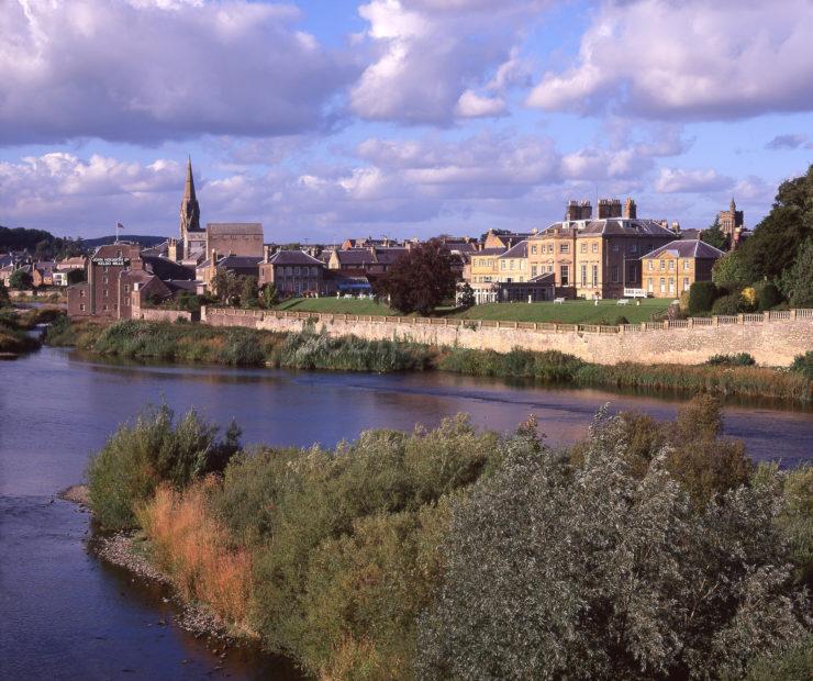 Lovely Early Autumn View Across The River Tweed Towards Kelso Scottish Borders