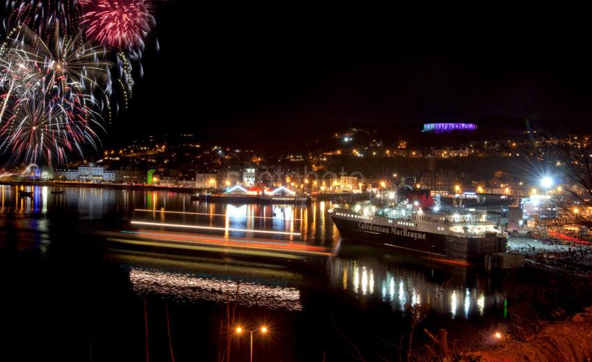 OBAN AT NIGHT TIME EXPOSURE MULL FERRY With FIREWORKS