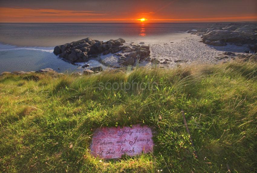 Plaque On Beach Isle Of Barra At Sunset