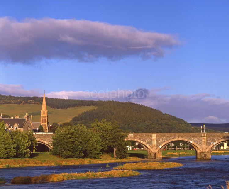 Evening Light Striking The Bridge Across The River Tweed In Peebles Scottish Borders