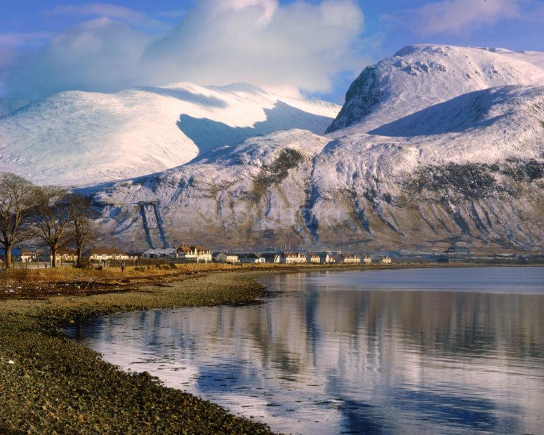 Snow Covered Ben Nevis From Coal Loch Linnhe Lochaber West Highlands