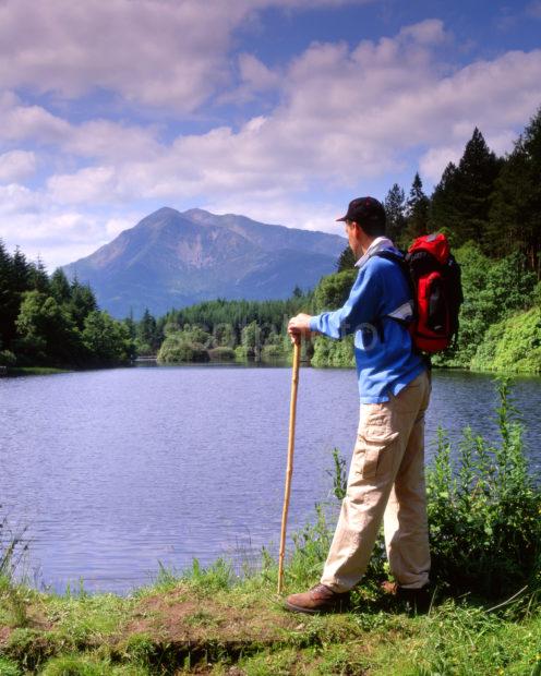 Hiker In Glencoe Lochan Trail Walk With Ben Vair