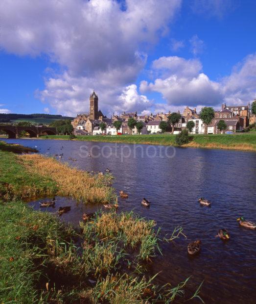 An Early Autumn View Towards Peebles As Seen From The South Bank Of The River Tweed Peebles Scottish Borders