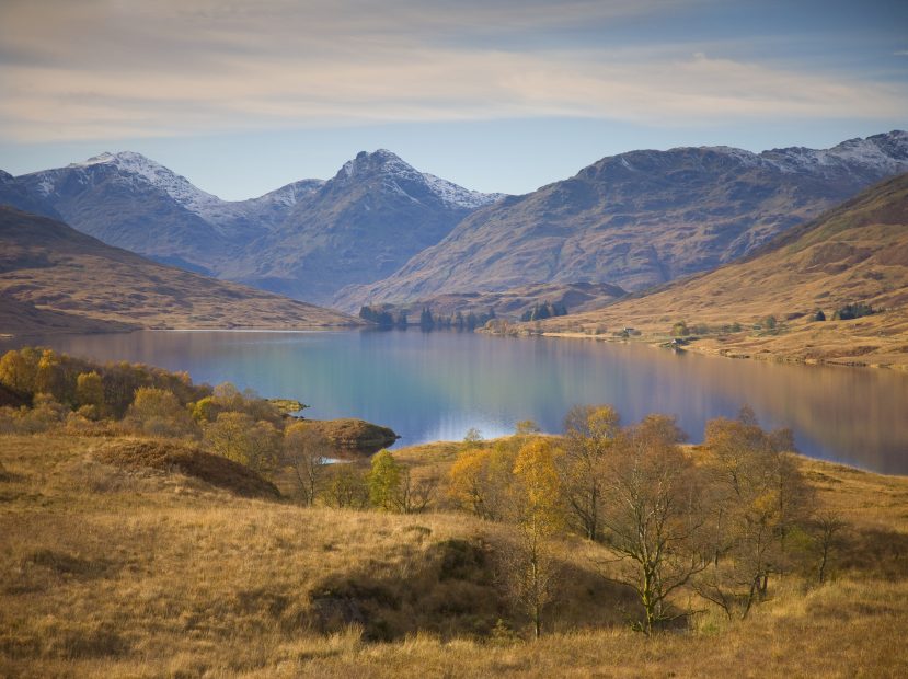Autumn view towards the Arrochar Alps from Loch Arklet, Trossachs.