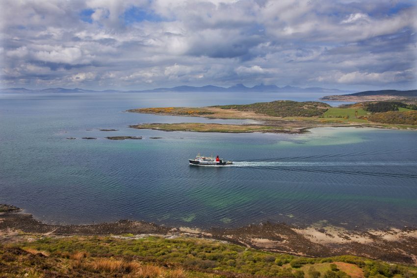 MV Hebridean Isles heading out of West Loch for Islay with Islay & Jura in view, Kintyre, Argyll