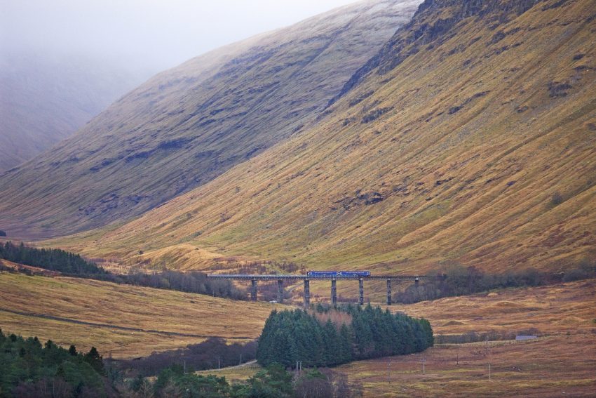Scotrail 2 Coach Sprinter crossing the Horseshoe Viaduct in Glen Auch   Fort William Line