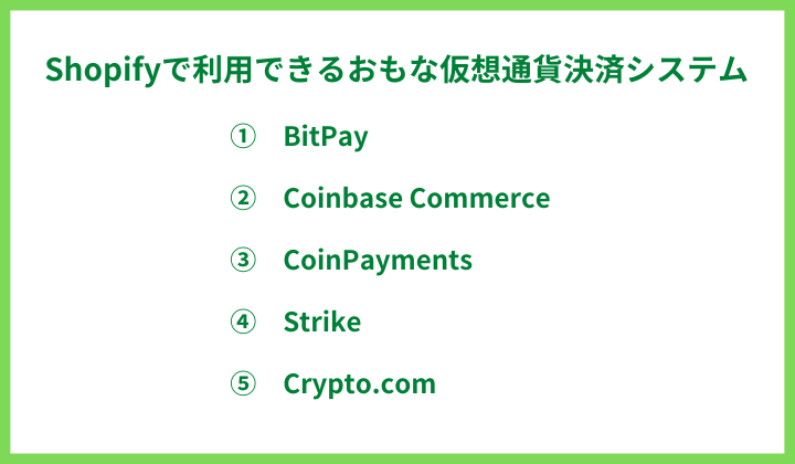 Shopifyで利用できるおもな仮想通貨決済システム