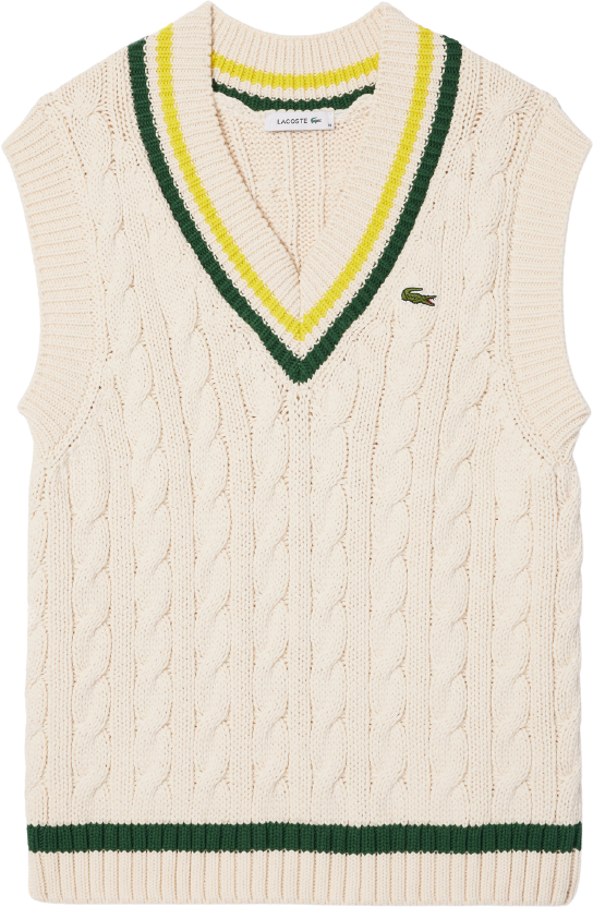 Lacoste Cable Knit Contrast Trim V Neck Sweater Vest White