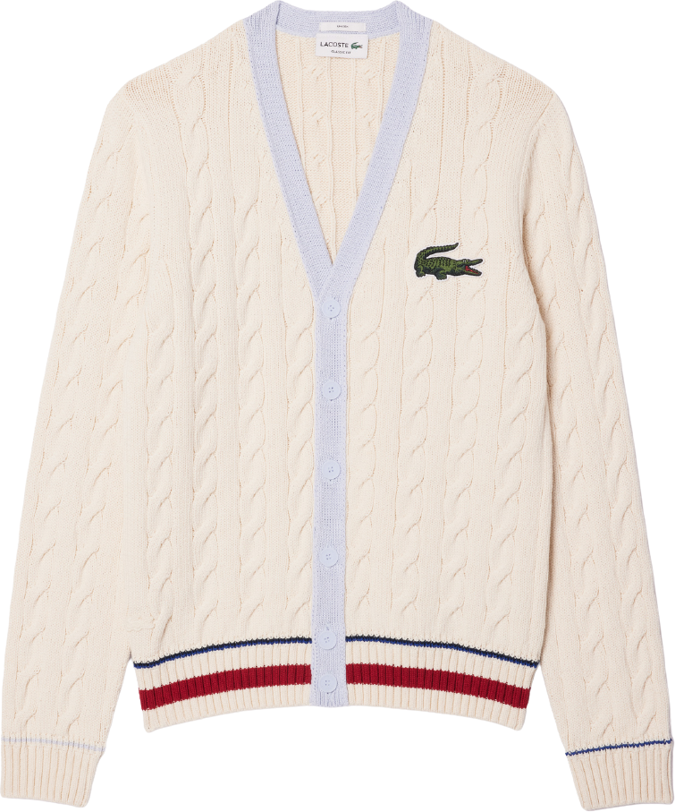 Lacoste V-Neck Cable Knit Cardigan White/Light Blue/Bordeaux