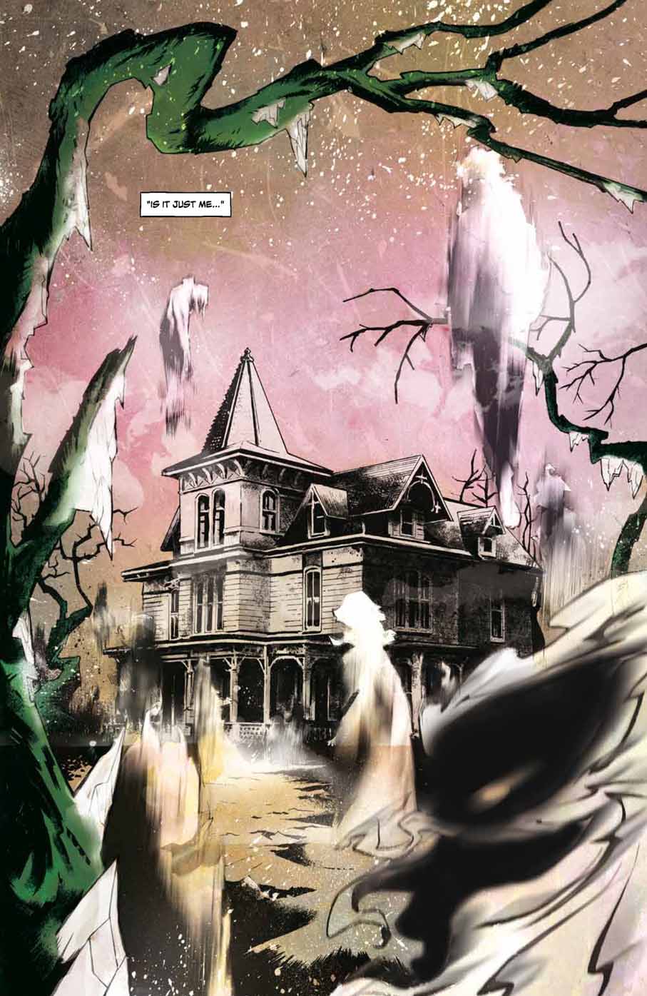 Horror Cartoonists Mark Torres; Blurry ghosts surrounding an old mansion.
