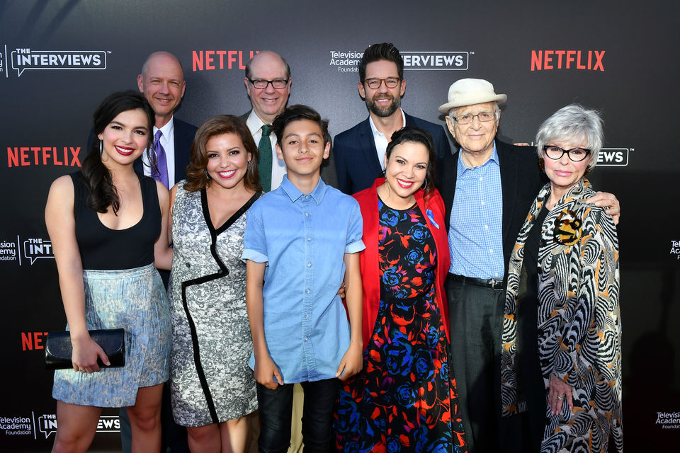 The cast of One Day At A Time with Norman Lear and Gloria Claderon Kellett and Mike Royce.