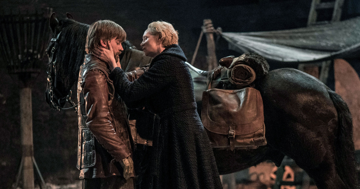 Brienne of Tarth pleads Jaime not to leave her side.