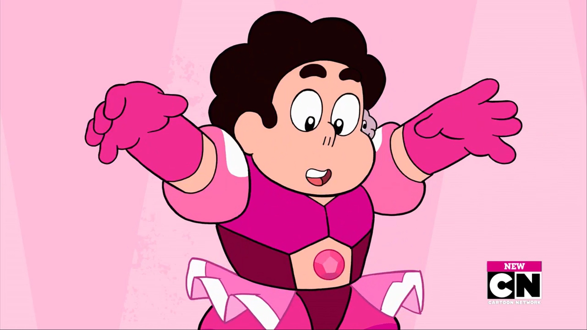 Steven Universe in the episode Familiar and Steven in Pink Diamonds clothes.